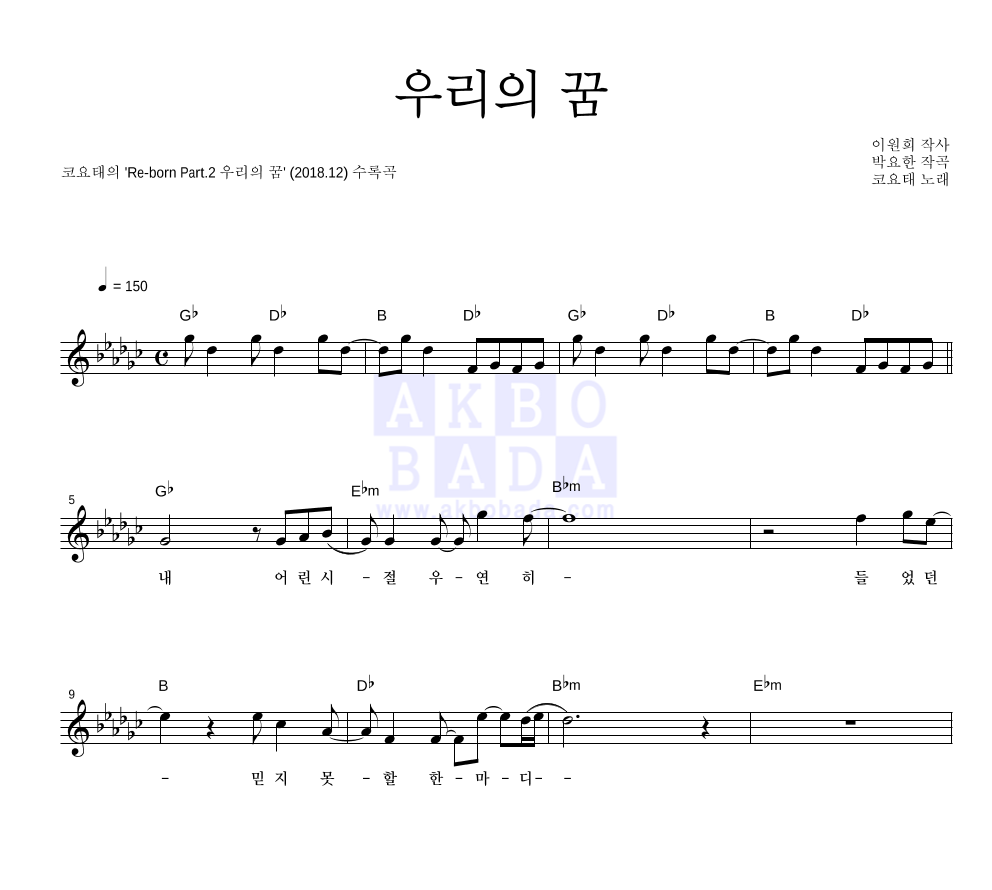 코요태 - 우리의 꿈 멜로디 악보 