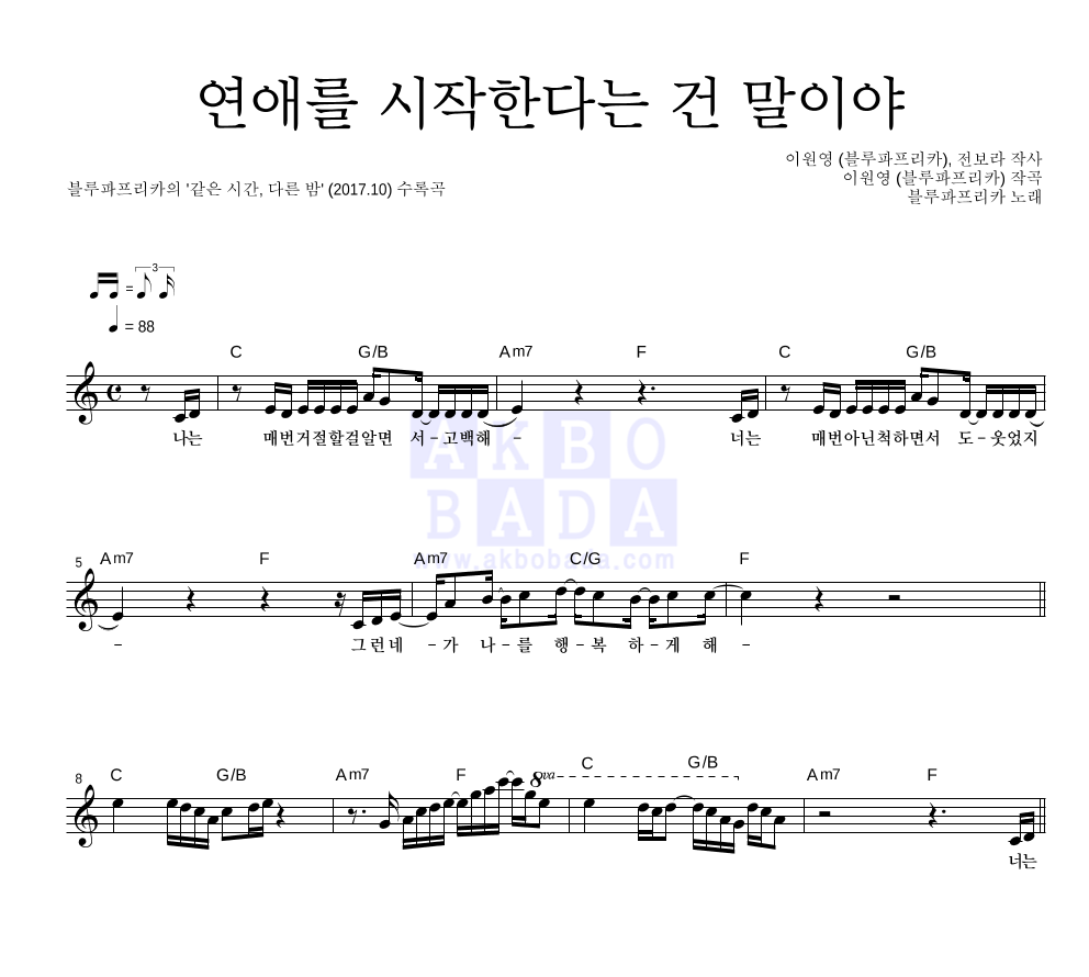 블루파프리카 - 연애를 시작한다는 건 말이야 멜로디 악보 