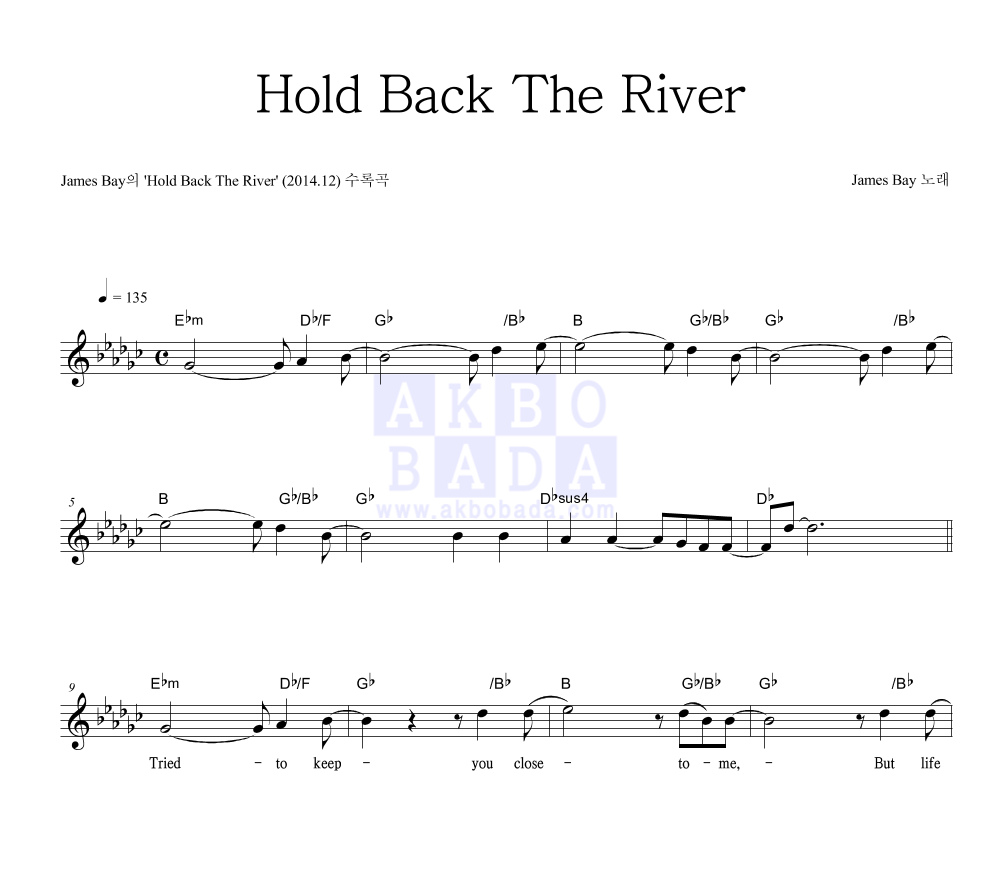 James Bay - Hold Back The River 멜로디 악보 