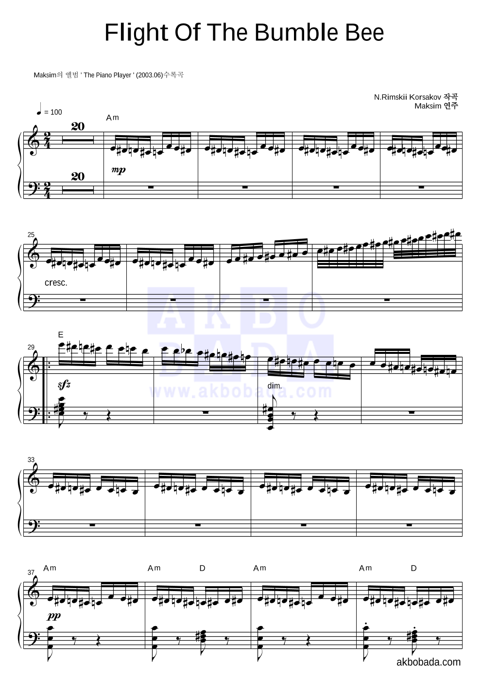 Maksim - The Flight Of The Bumble-Bee (왕벌의 비행) 피아노 2단 악보 