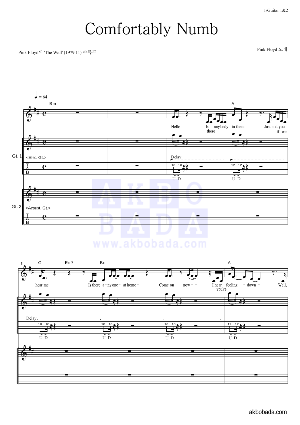 Pink Floyd - Comfortably Numb 기타1,2 악보 