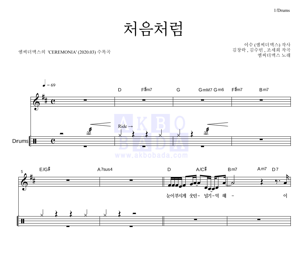 엠씨더맥스 - 처음처럼 드럼 악보 