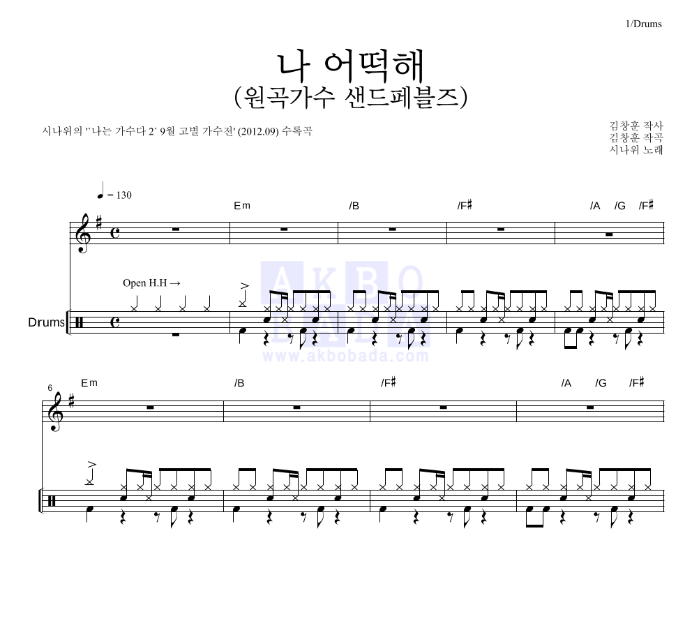 시나위 - 나 어떡해 (원곡가수 샌드페블즈) 드럼 악보 