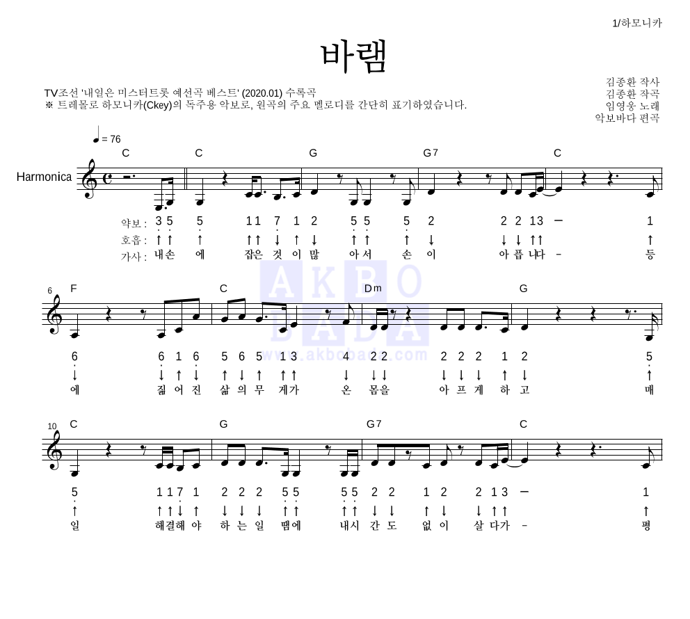 임영웅 - 바램 하모니카 악보 