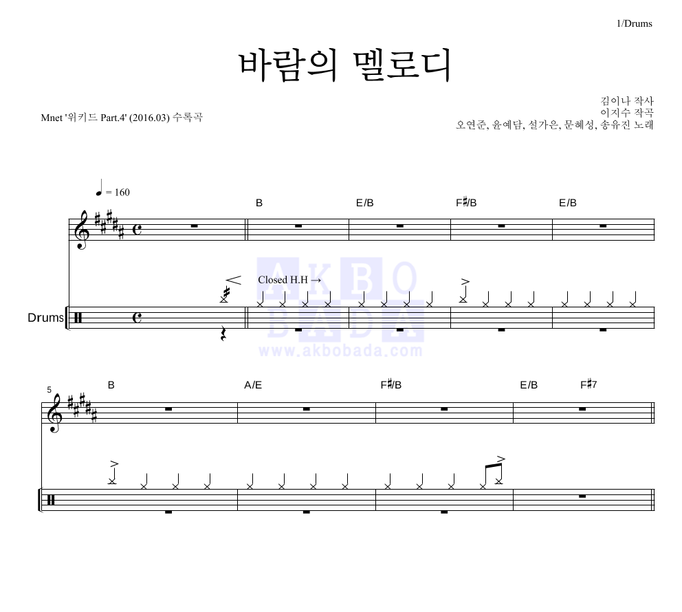 오연준,윤예담,설가은,문혜성,송유진 - 바람의 멜로디 드럼 악보 