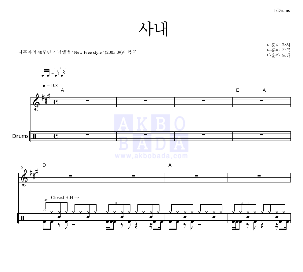 나훈아 - 사내 드럼 악보 