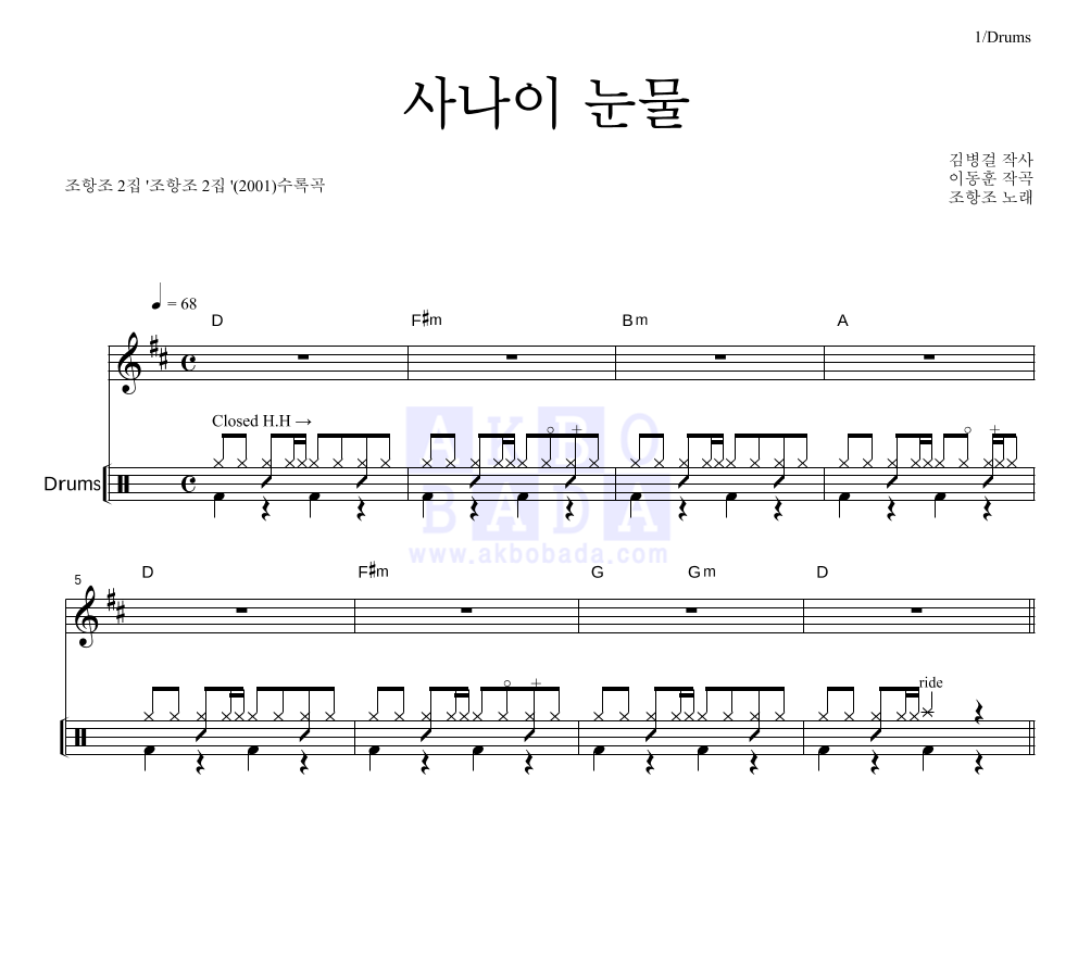 조항조 - 사나이 눈물 드럼 악보 