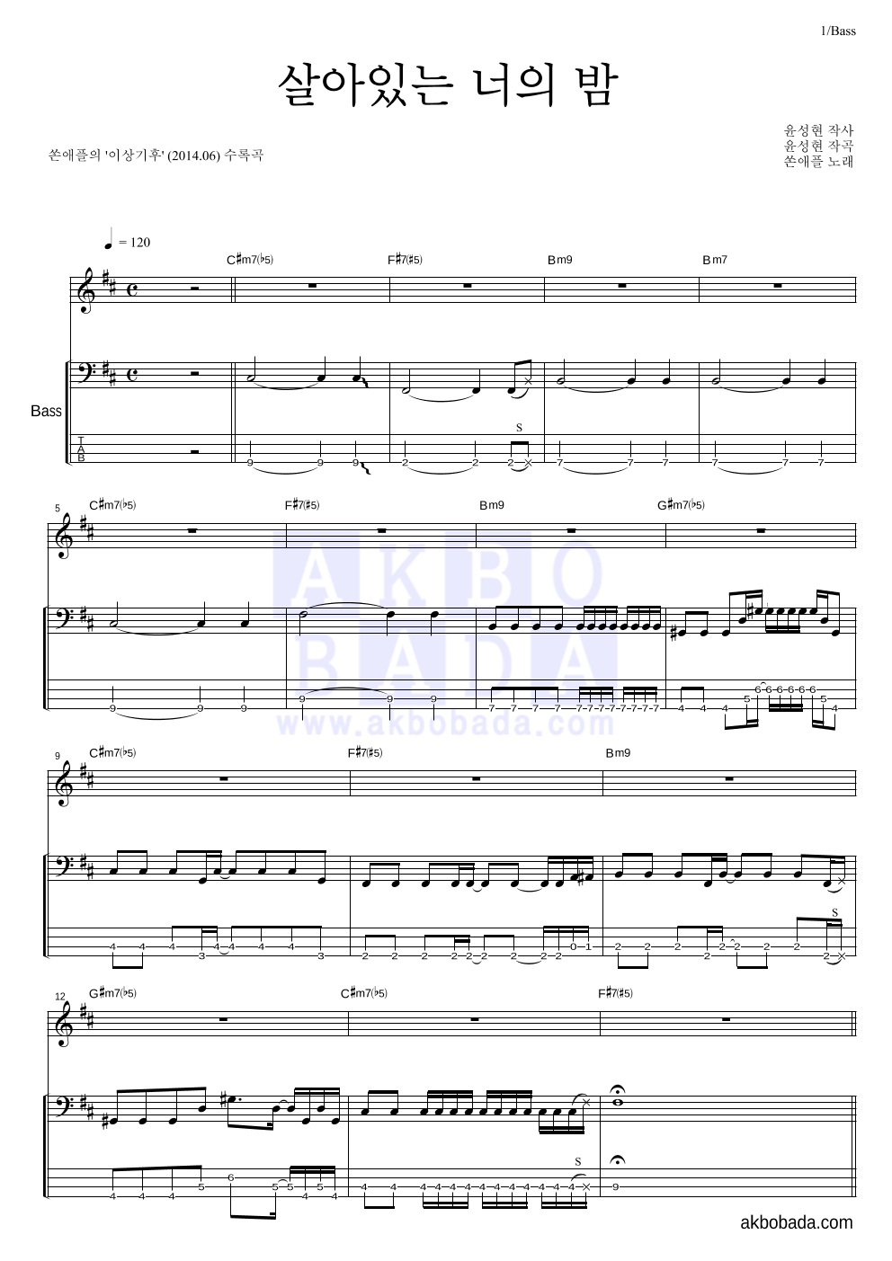 쏜애플 - 살아있는 너의 밤 베이스 악보 