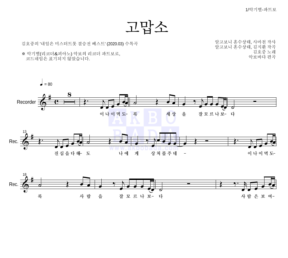 김호중 - 고맙소 리코더 파트보 악보 