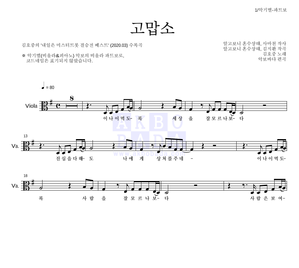 김호중 - 고맙소 비올라 파트보 악보 