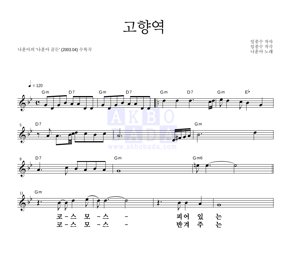 나훈아 - 고향역 (골든 Ver.) 멜로디 큰가사 악보 