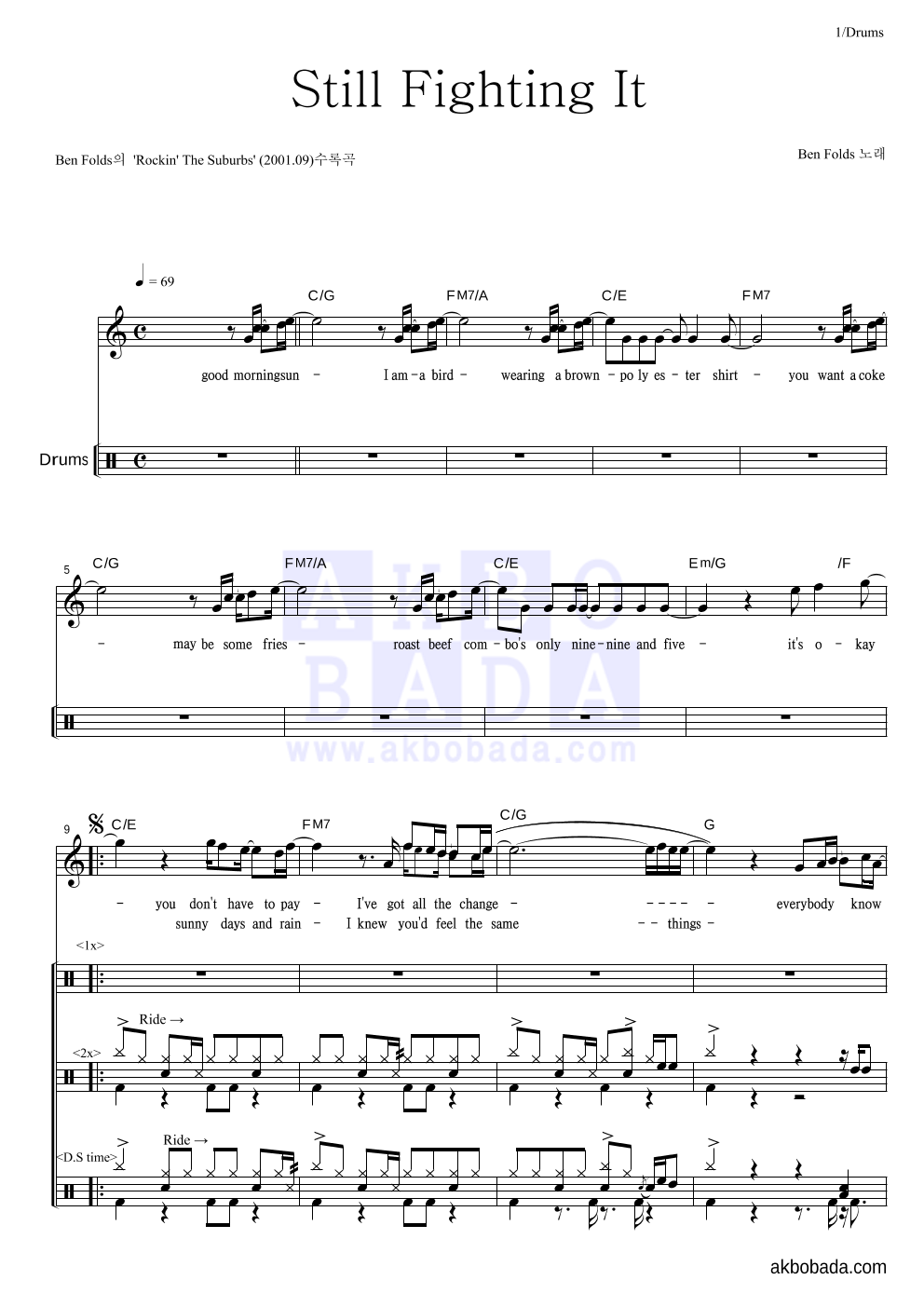 Ben Folds - Still Fighting It 드럼 악보 