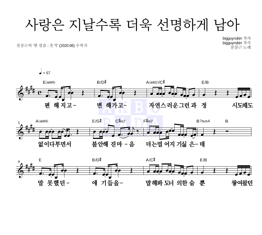 전상근 - 사랑은 지날수록 더욱 선명하게 남아 멜로디 큰가사 악보 