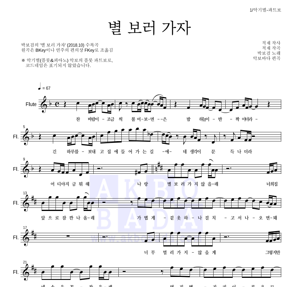 박보검 - 별 보러 가자 플룻 파트보 악보 
