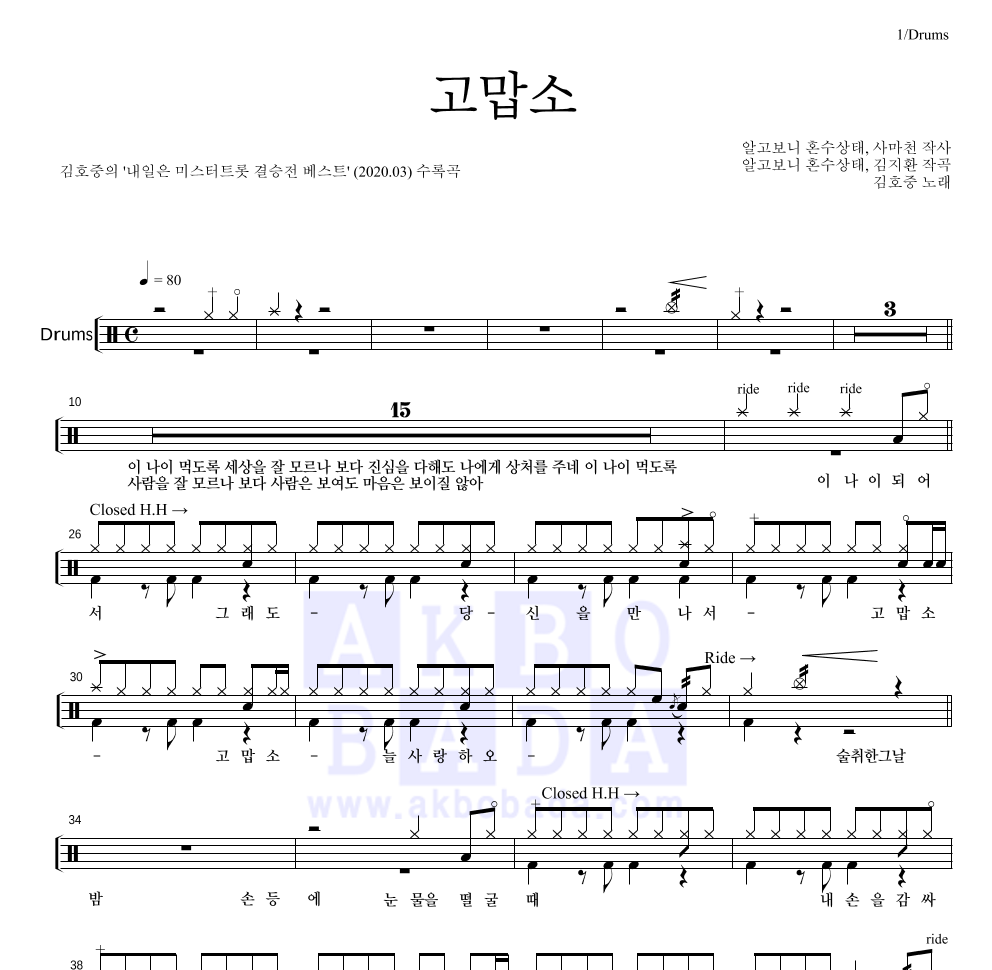 김호중 - 고맙소 드럼(Tab) 악보 