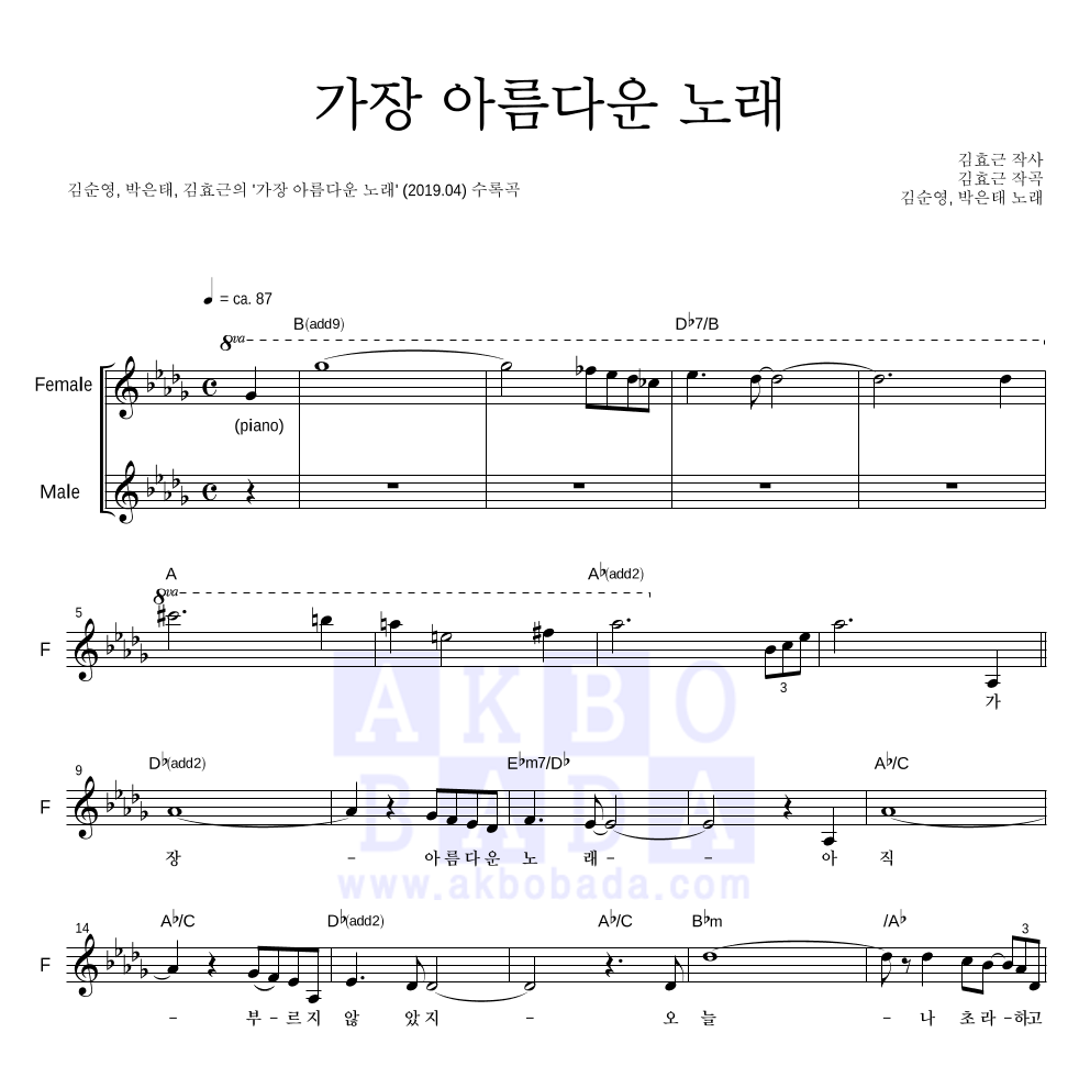 김순영,박은태,김효근 - 가장 아름다운 노래 듀엣 악보 