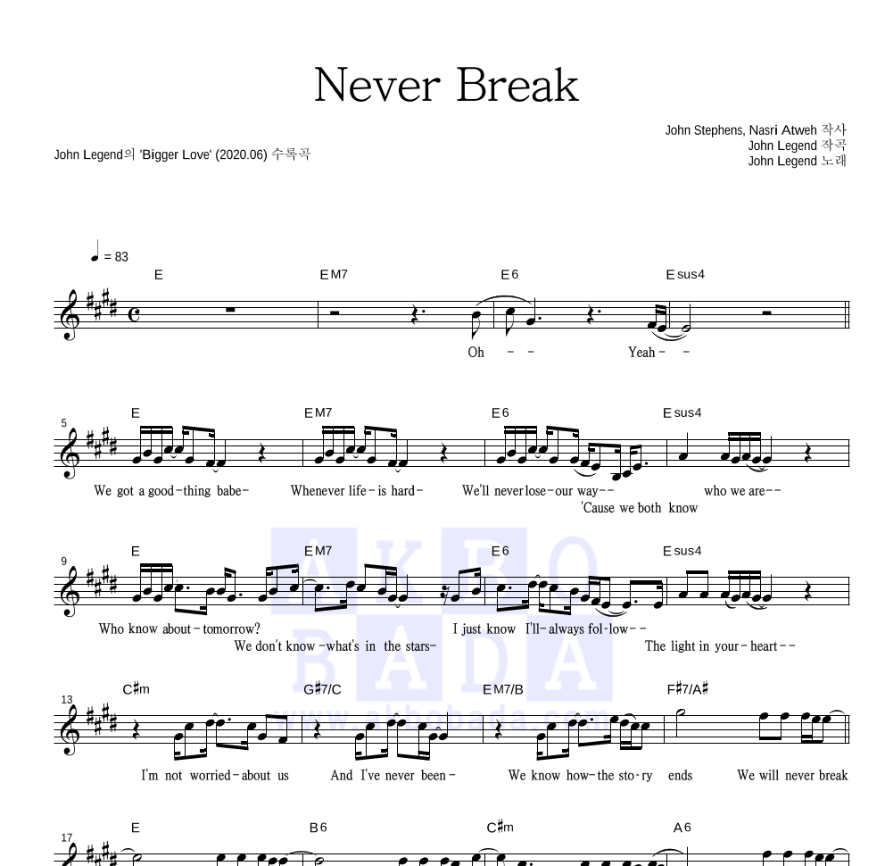 John Legend - Never Break 멜로디 악보 