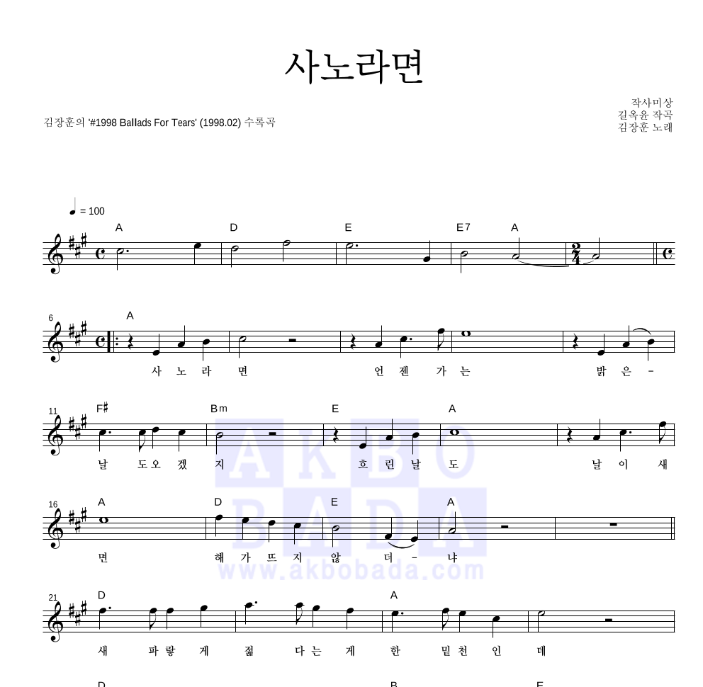 김장훈 - 사노라면 (feat. 이승환,이소라,윤도현,리아) 멜로디 악보 