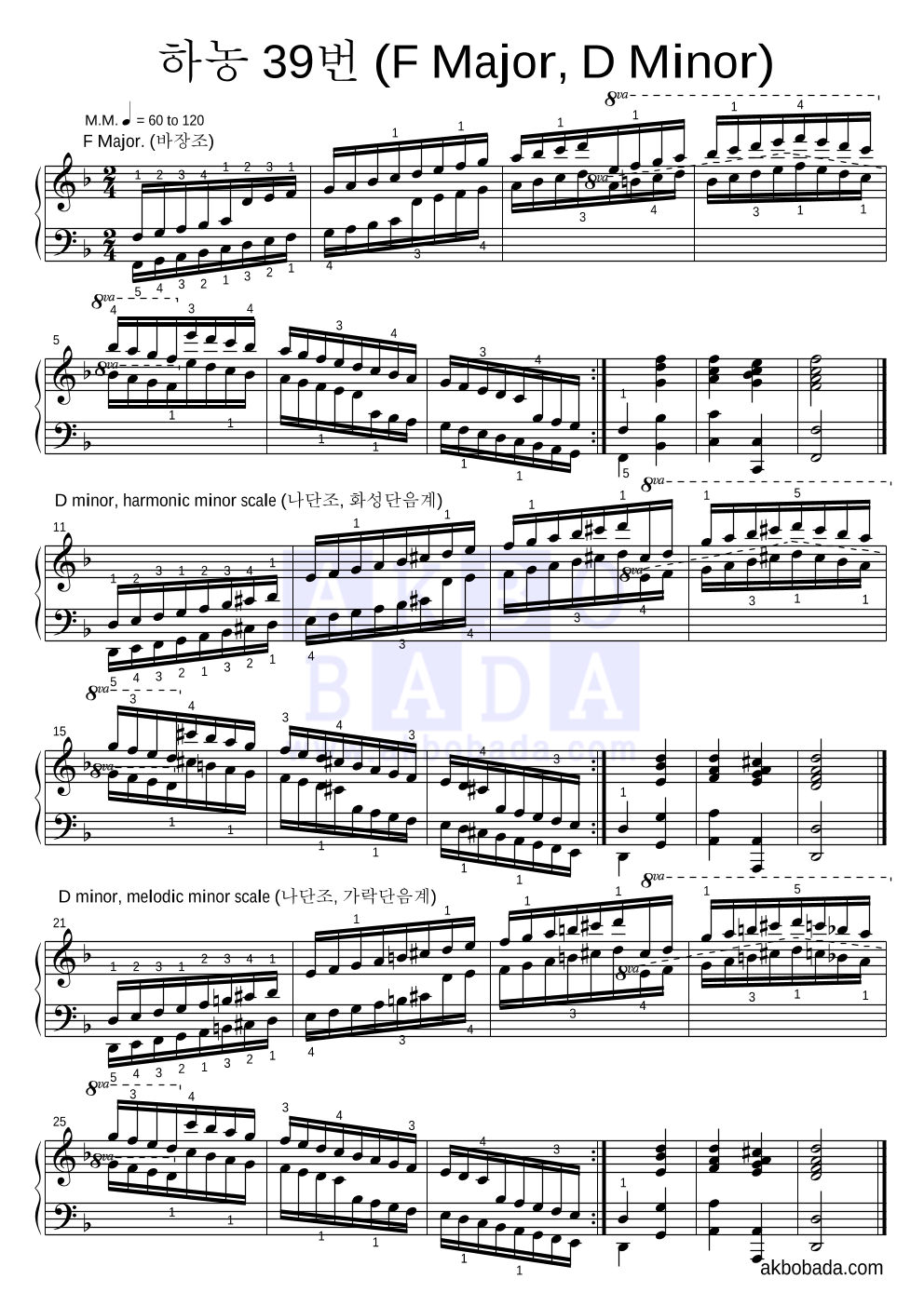 하농 - 39번 (F Major, D Minor) 피아노 2단 악보 