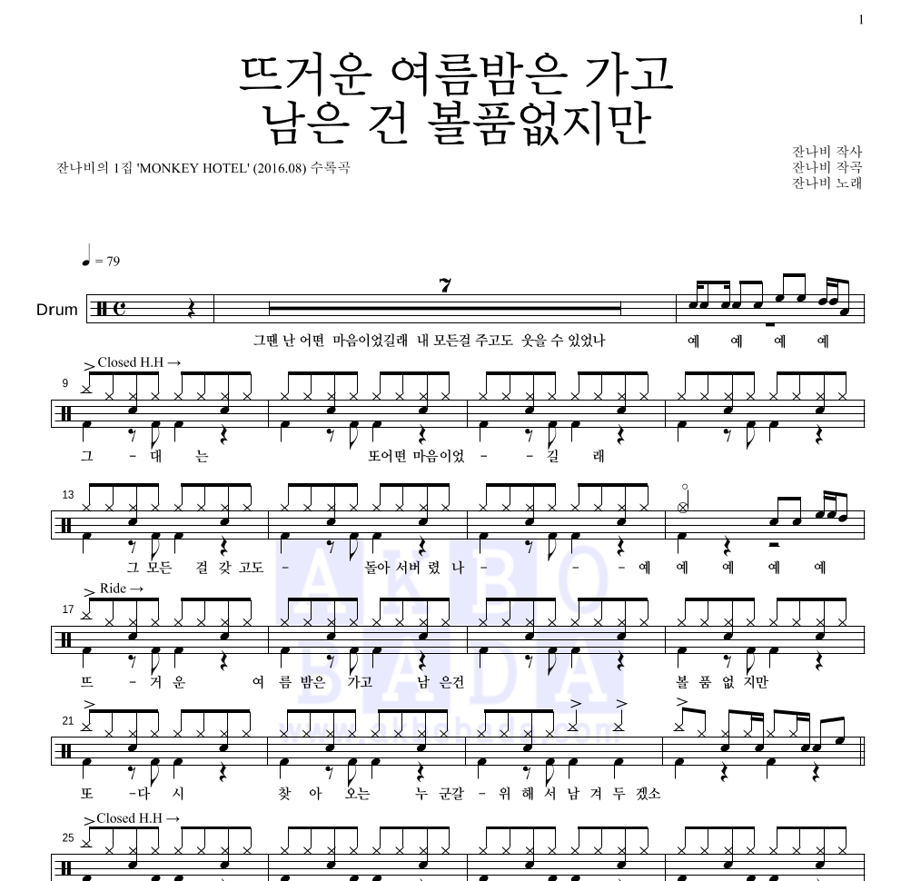 잔나비 - 뜨거운 여름밤은 가고 남은 건 볼품없지만 드럼(Tab) 악보 