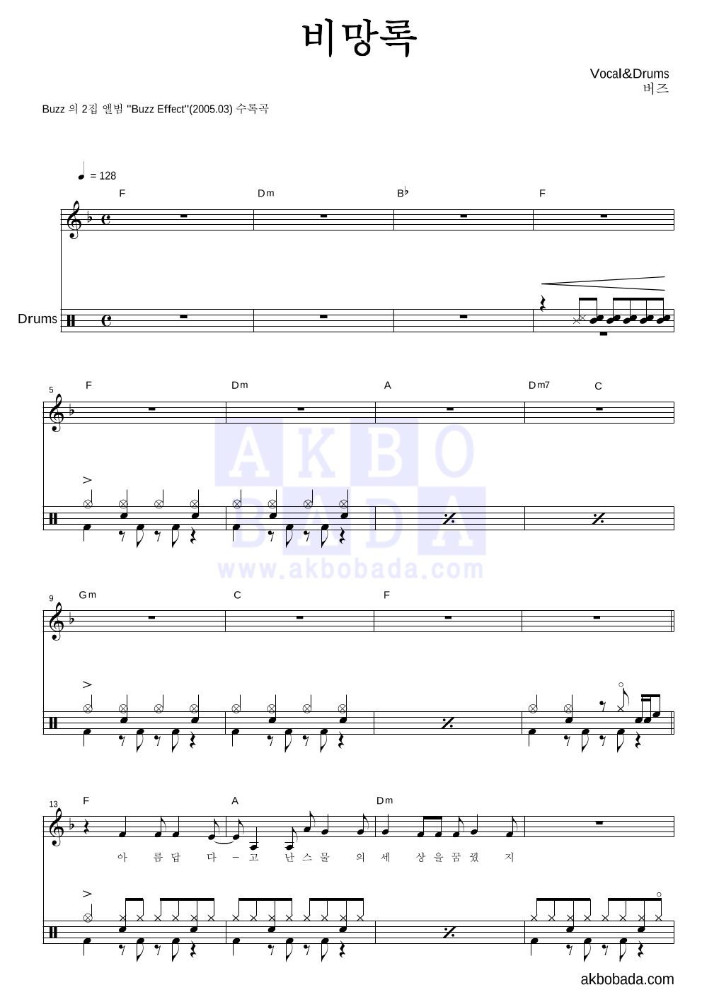 버즈(Buzz) - 비망록 드럼 악보 
