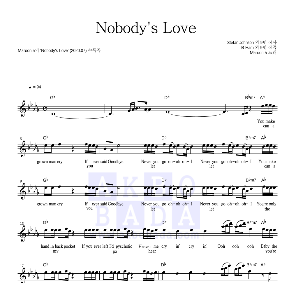 Maroon5 - Nobody's Love 멜로디 악보 