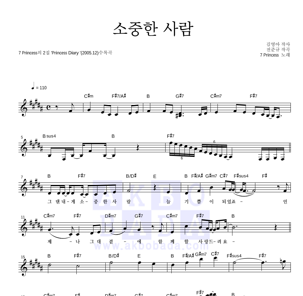 7공주 - 소중한 사람 멜로디 악보 