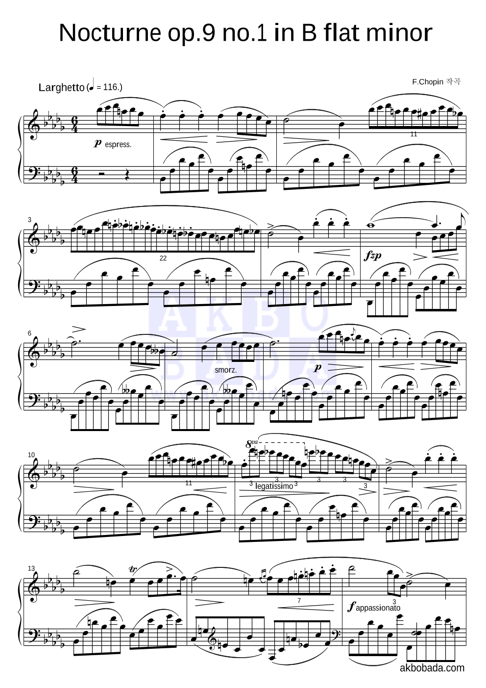 쇼팽 - Nocturne No.1 in B flat minor, Op.9 No.1 피아노 2단 악보 
