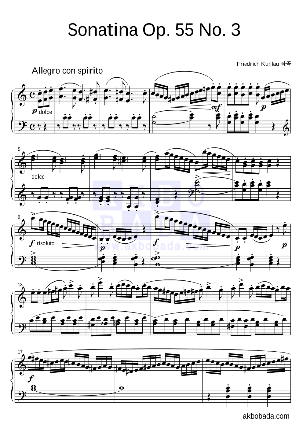 쿨라우 - Sonatina Op.55 No.3 피아노 2단 악보 