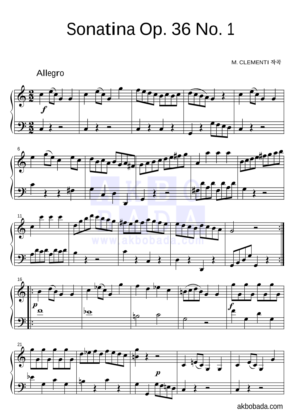 클레멘티 - Sonatina Op.36, No.1 피아노 2단 악보 