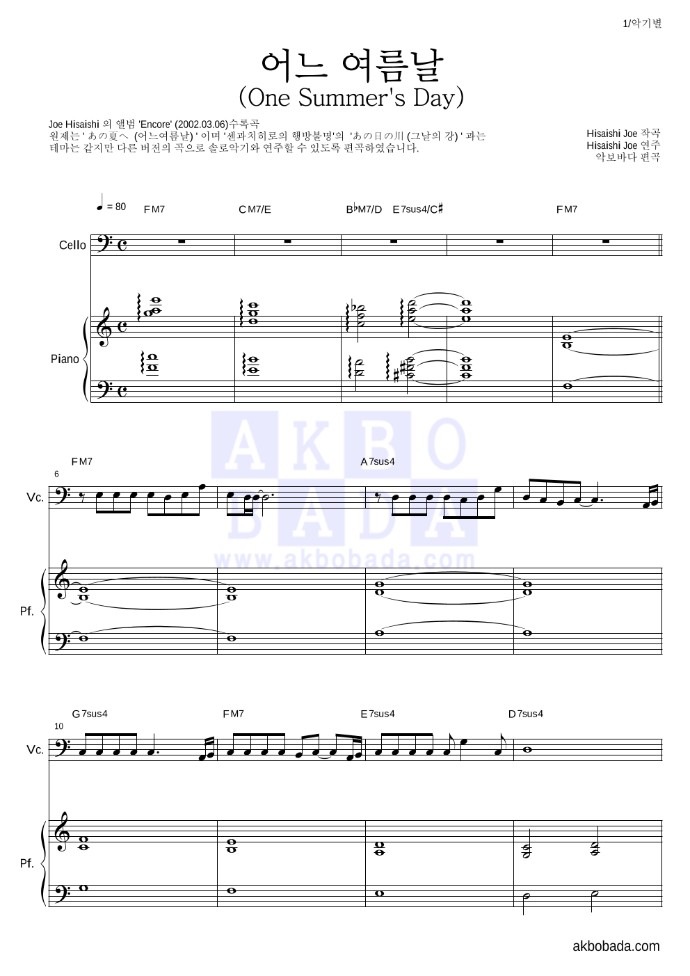 Hisaishi Joe - 어느 여름날 (One Summer's Day) 첼로&피아노 악보 