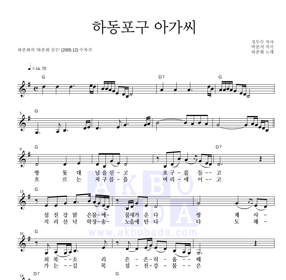 하춘화 - 하동포구 아가씨 멜로디 악보 
