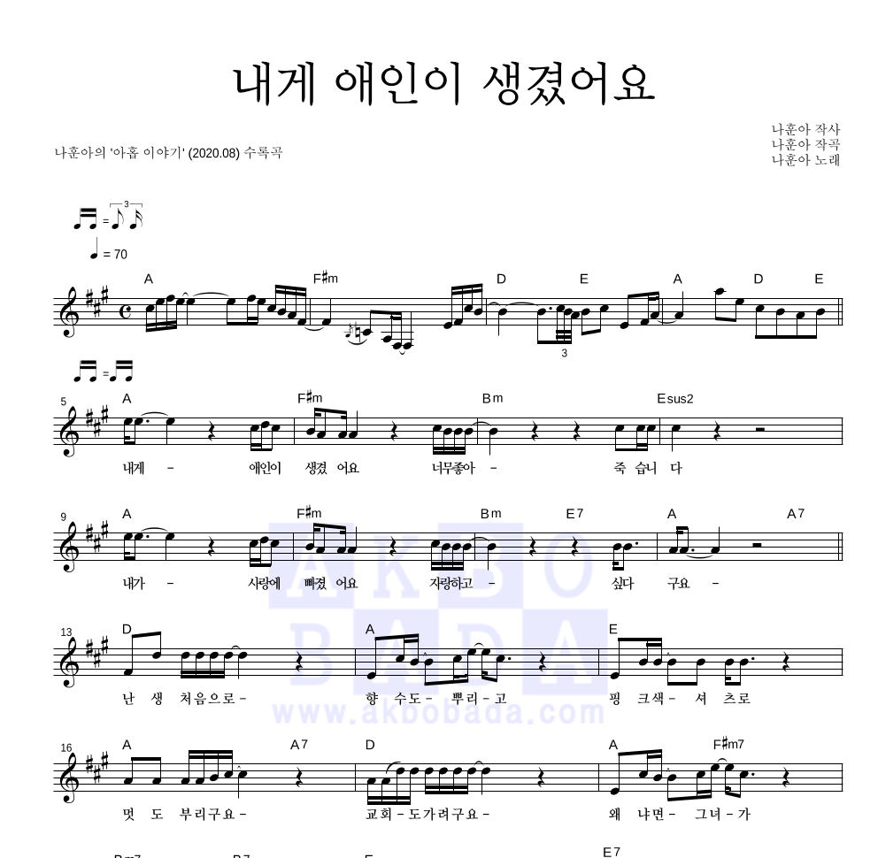 나훈아 - 내게 애인이 생겼어요 멜로디 악보 