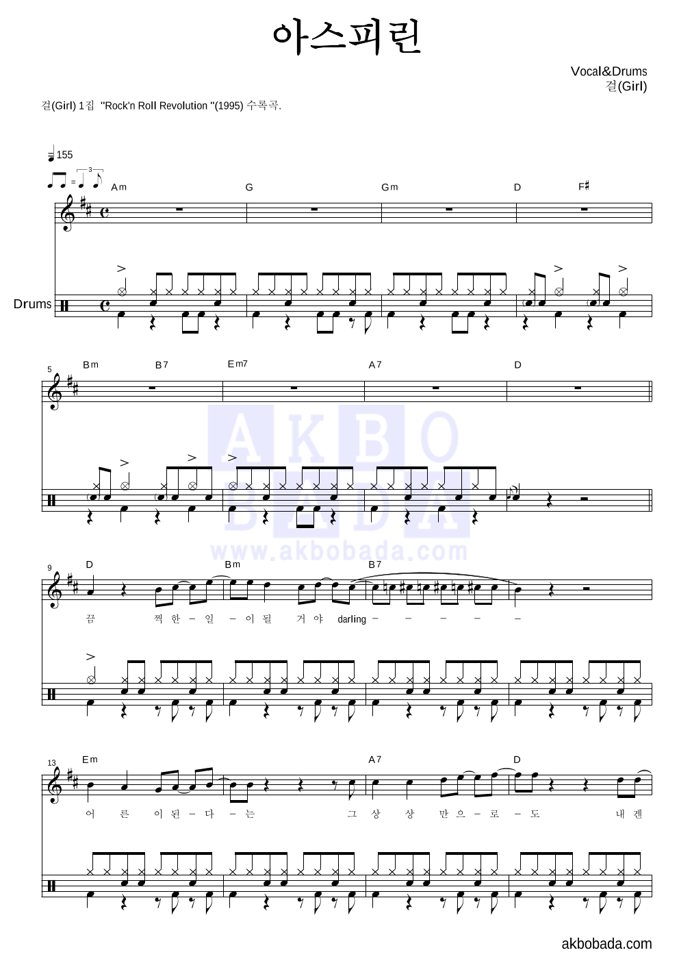 걸(Girl) - 아스피린 드럼 악보 