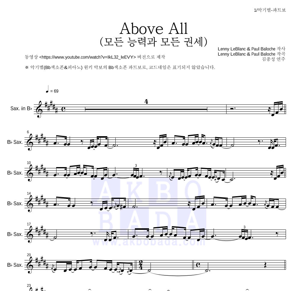 김종성 - Above All (모든 능력과 모든 권세) Bb색소폰 파트보 악보 