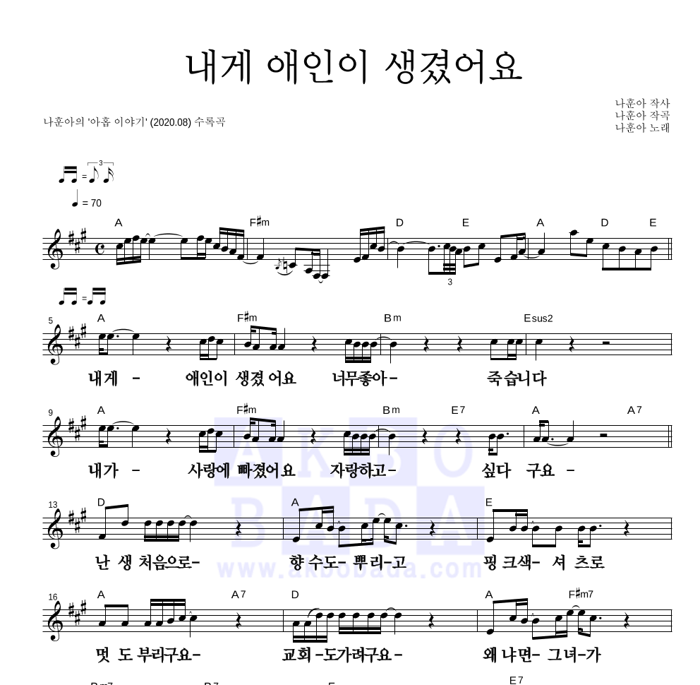 나훈아 - 내게 애인이 생겼어요 멜로디 큰가사 악보 