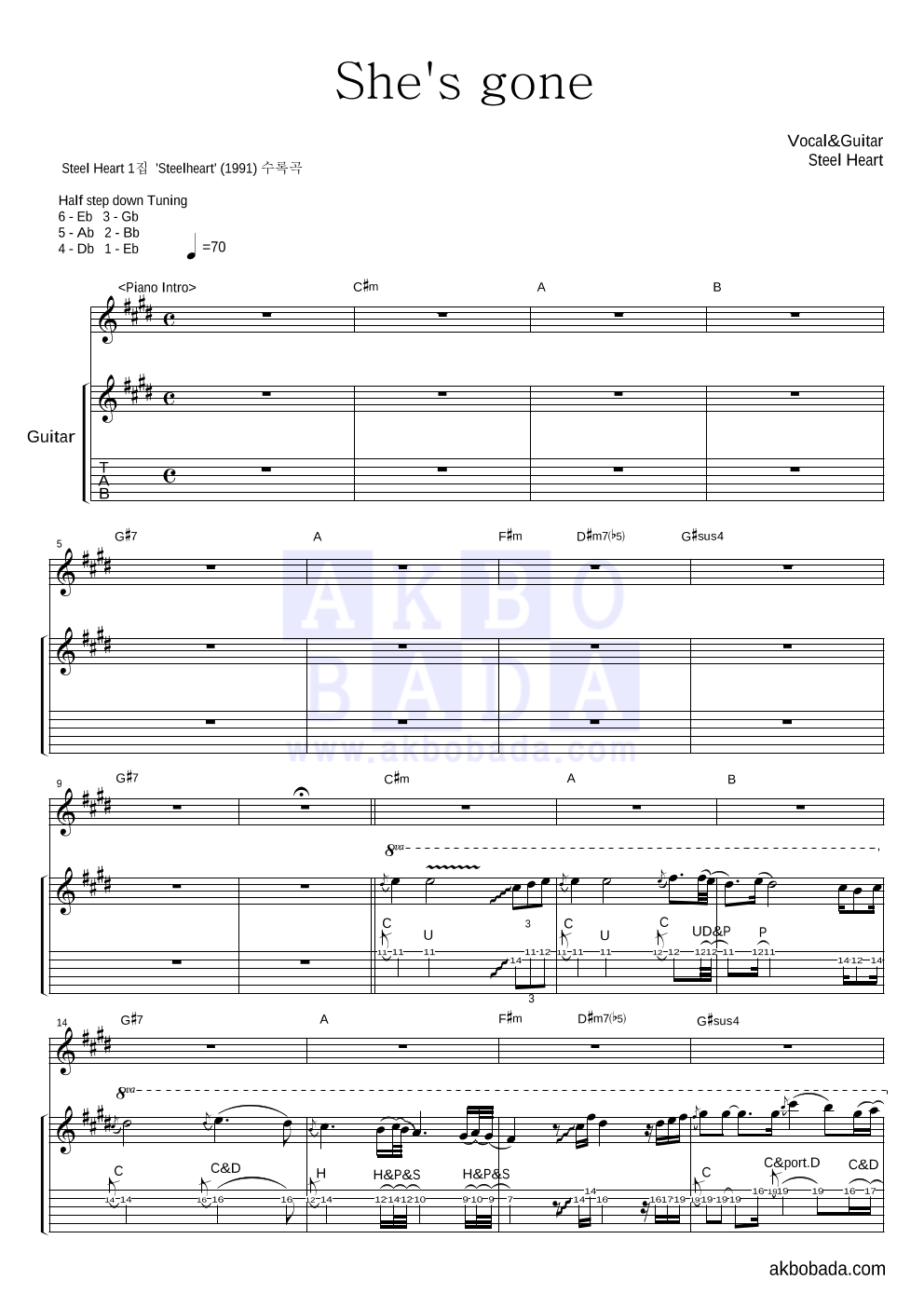 SteelHeart - She's gone 기타 악보 