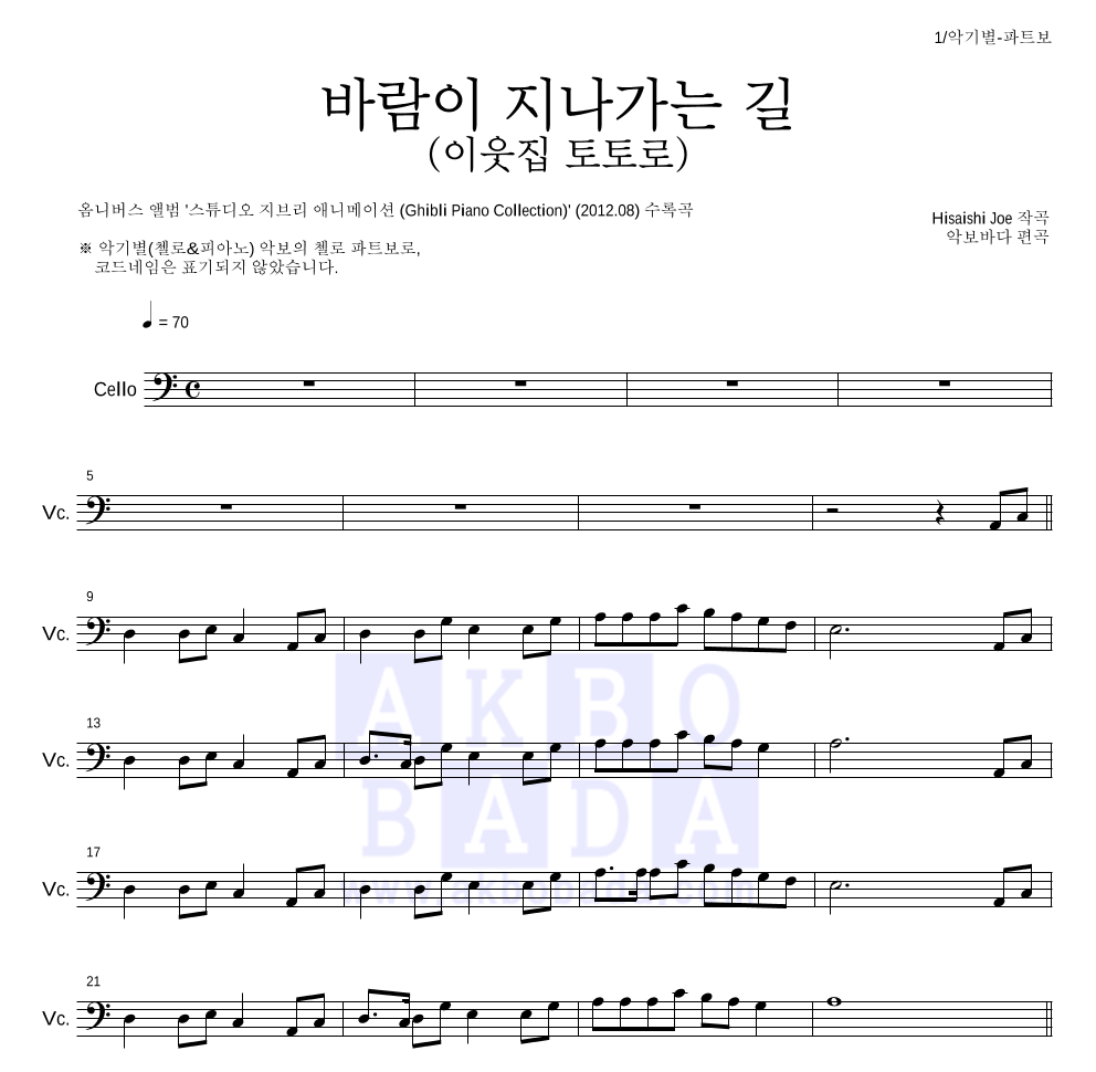 Hisaishi Joe - 바람이 지나가는 길 (이웃집 토토로) 첼로 파트보 악보 