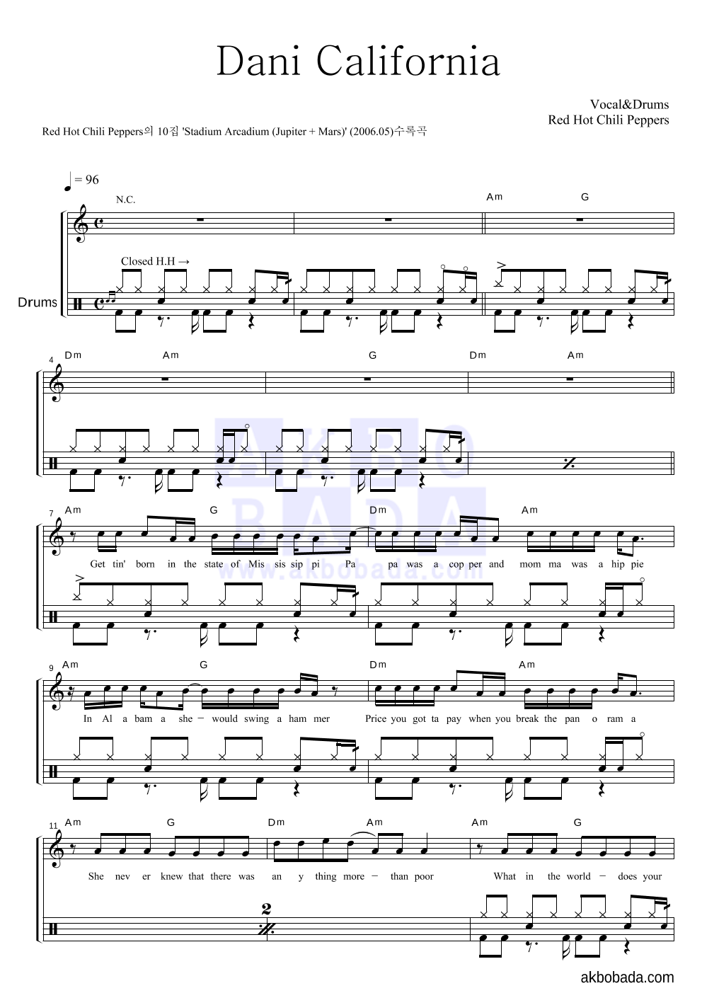 Red Hot Chili Peppers - Dani California 드럼 악보 