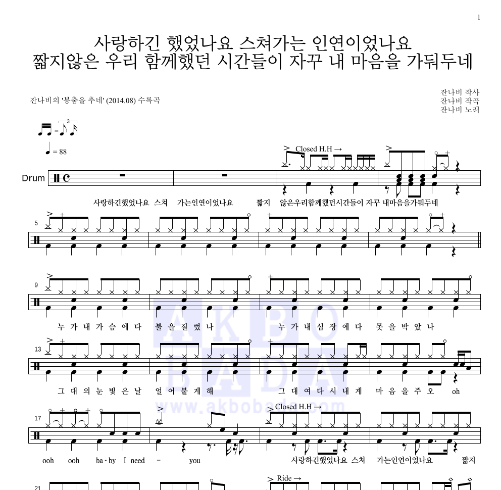 잔나비 - 사랑하긴 했었나요 스쳐가는 인연이었나요 드럼(Tab) 악보 