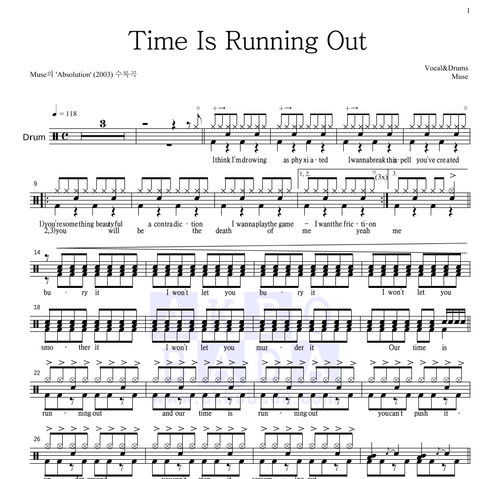 Muse - Time Is Running Out 드럼(Tab) 악보 