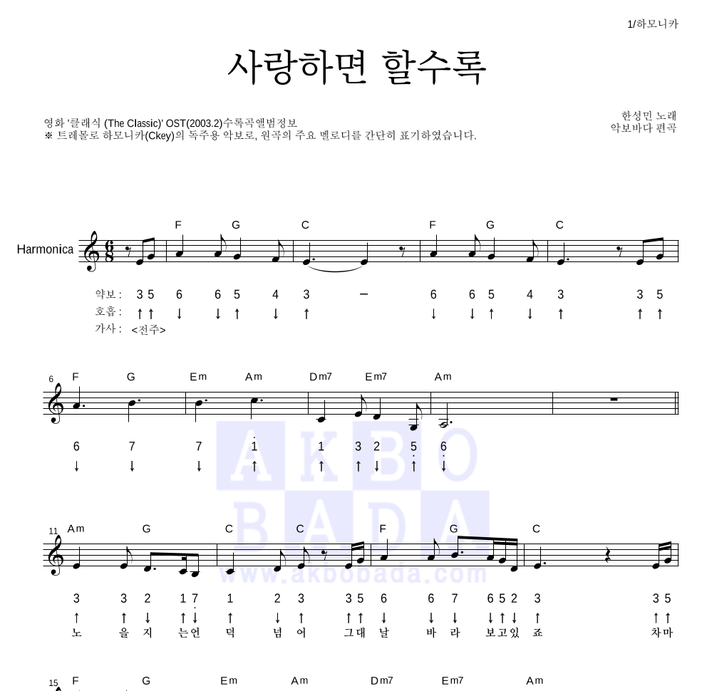 한성민 - 사랑하면 할수록 하모니카 악보 