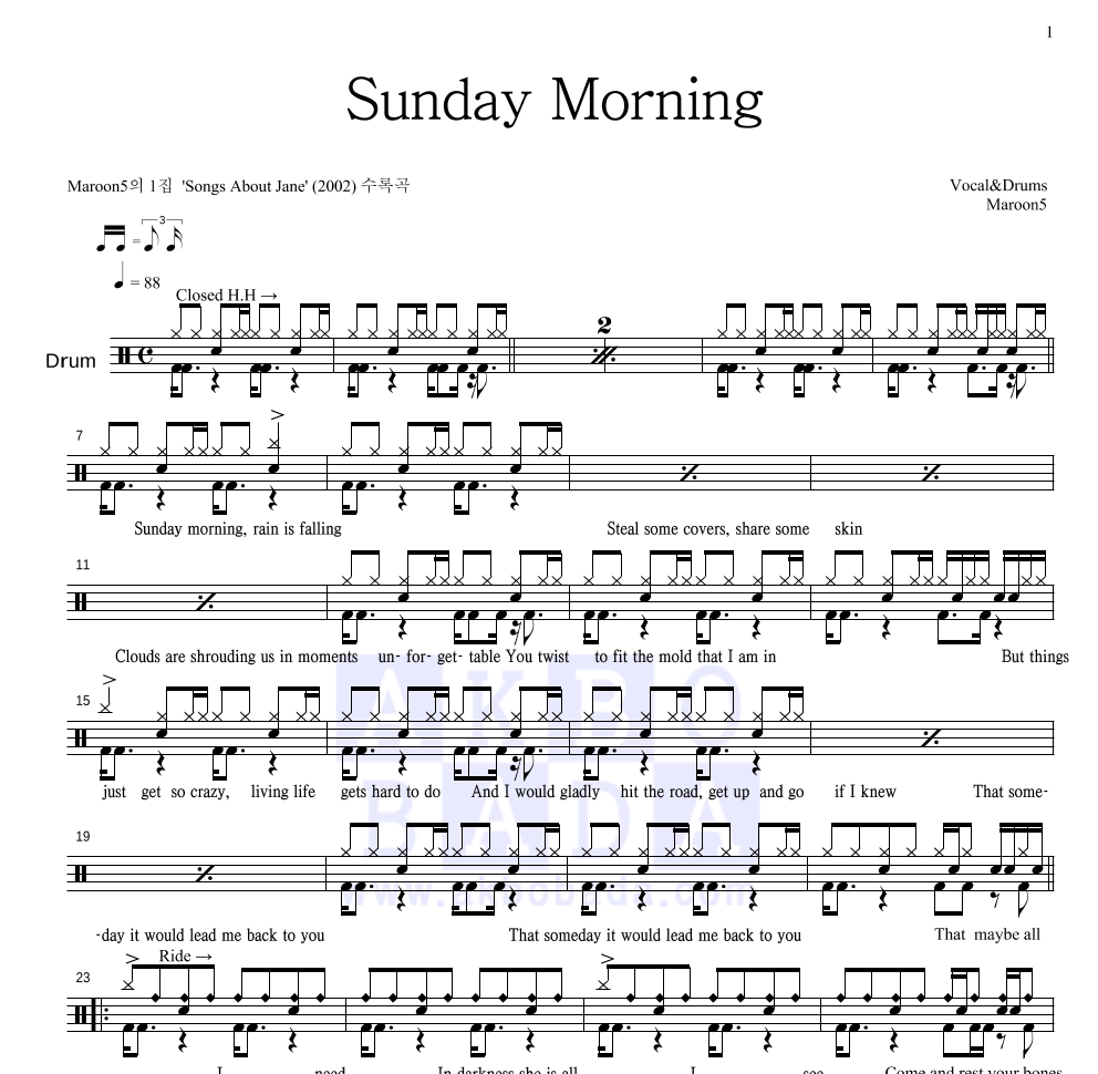 Maroon5 - Sunday Morning 드럼(Tab) 악보 