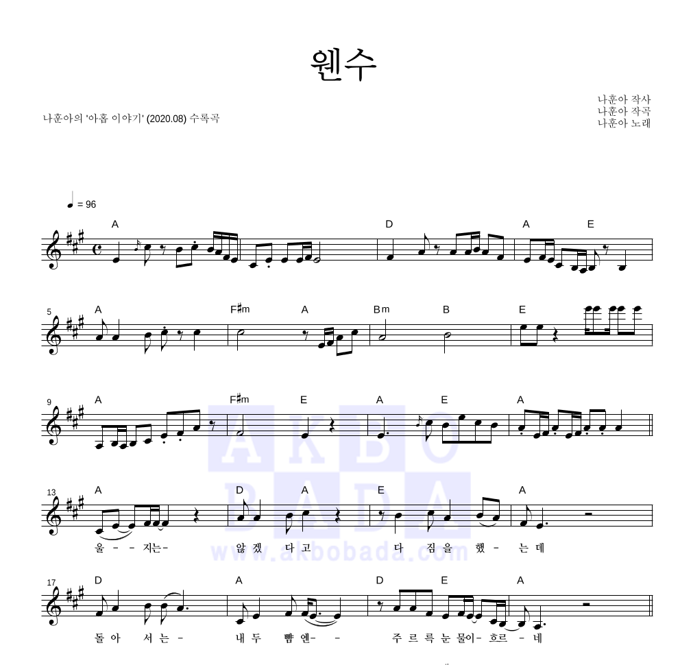 나훈아 - 웬수 멜로디 악보 