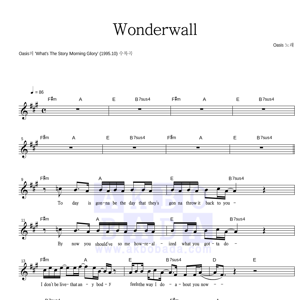 Oasis - Wonderwall 멜로디 악보 