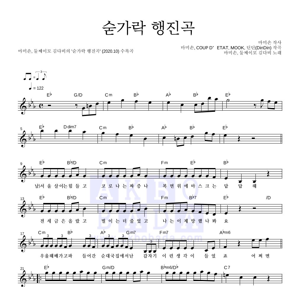 마미손,둘째이모 김다비 - 숟가락 행진곡 멜로디 악보 