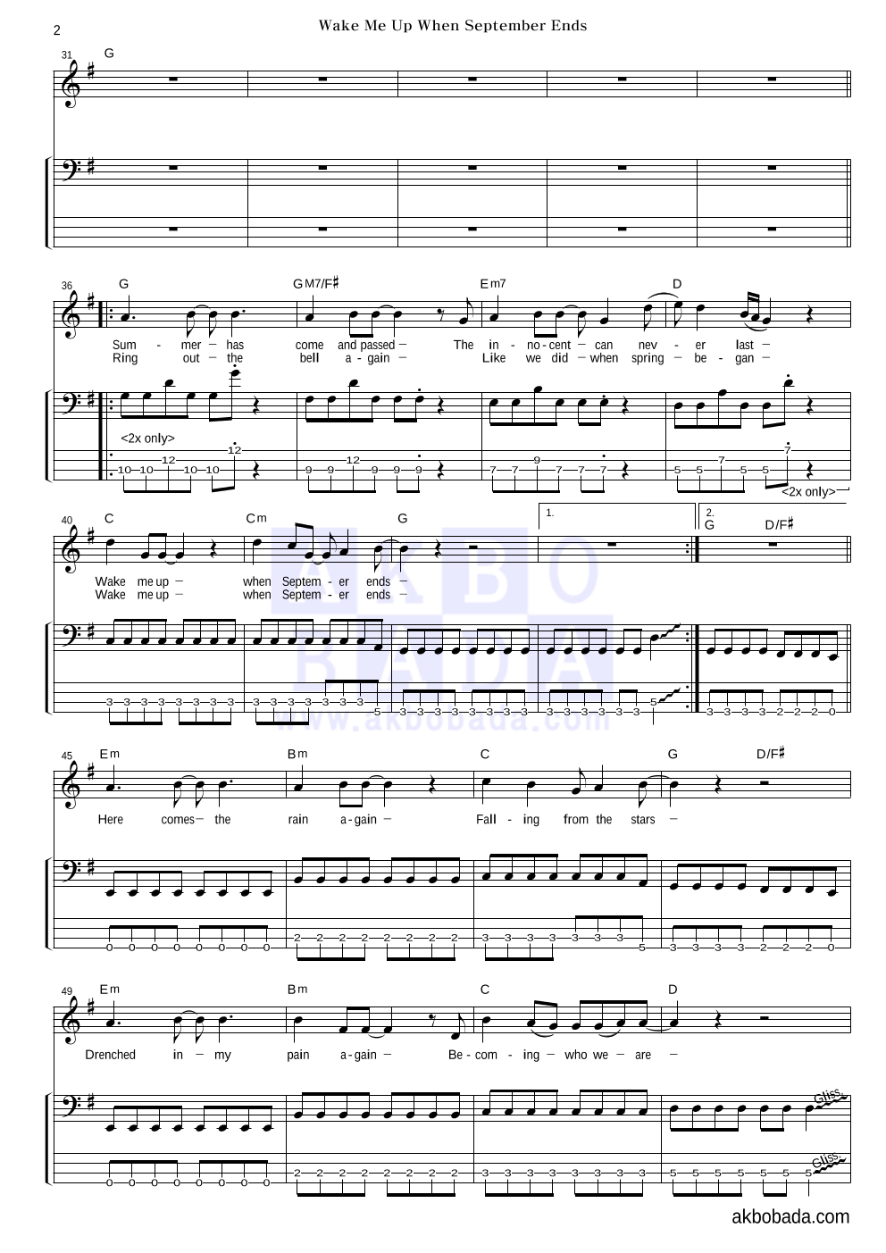 Green Day - Wake Me Up When September Ends 베이스 악보 