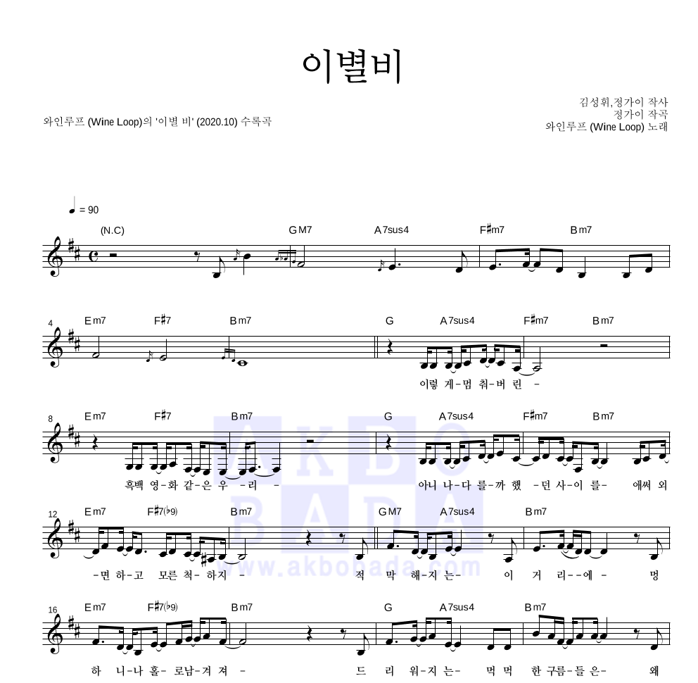 와인루프 - 이별비 멜로디 악보 