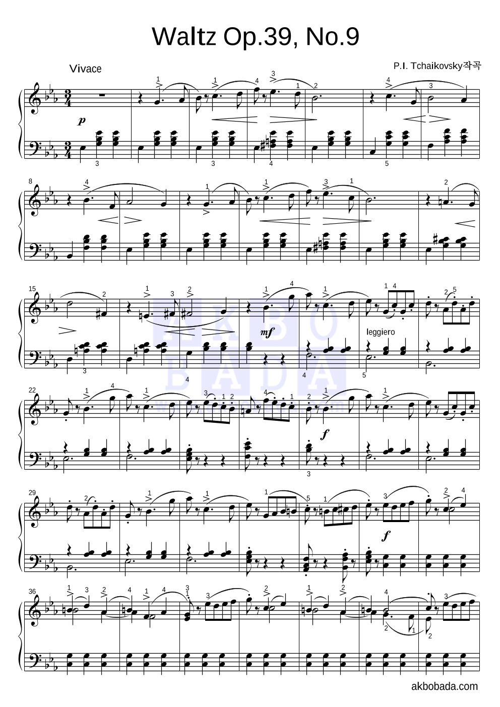차이코프스키 - Waltz Op.39, No.9 피아노 2단 악보 
