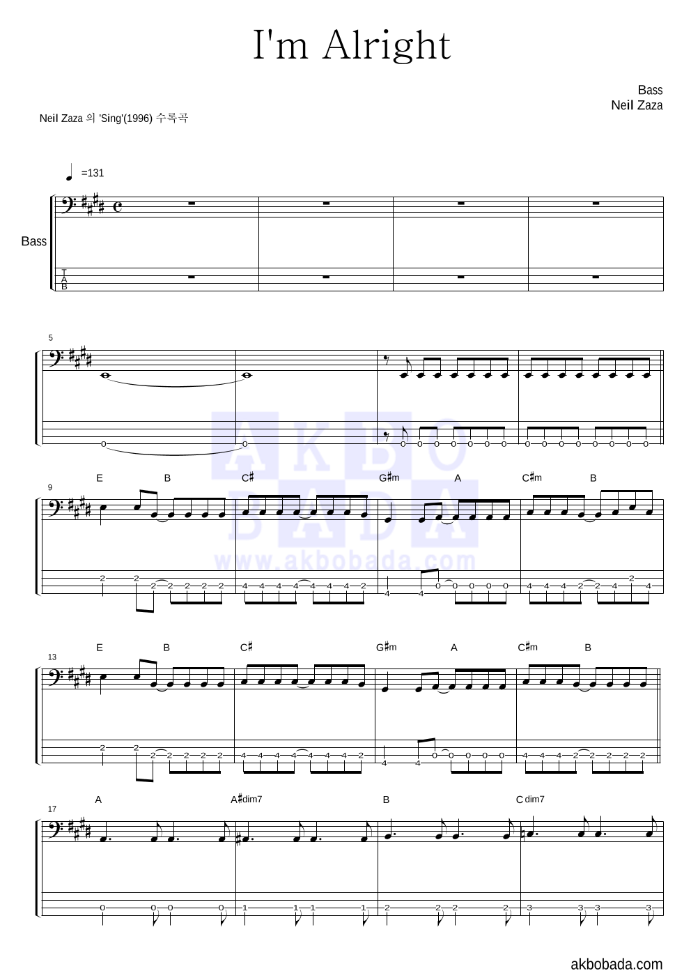 Neil Zaza - I'm Alright 베이스 악보 
